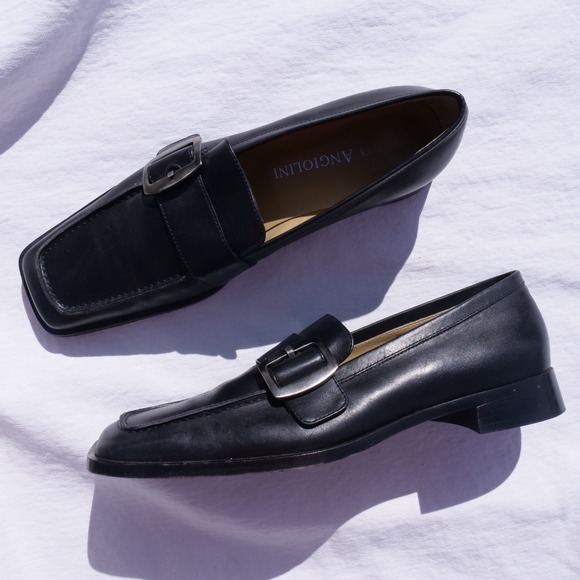 Vintage Shoes - Y2k Enzo Angiolini black leather square toe loafers with buckle